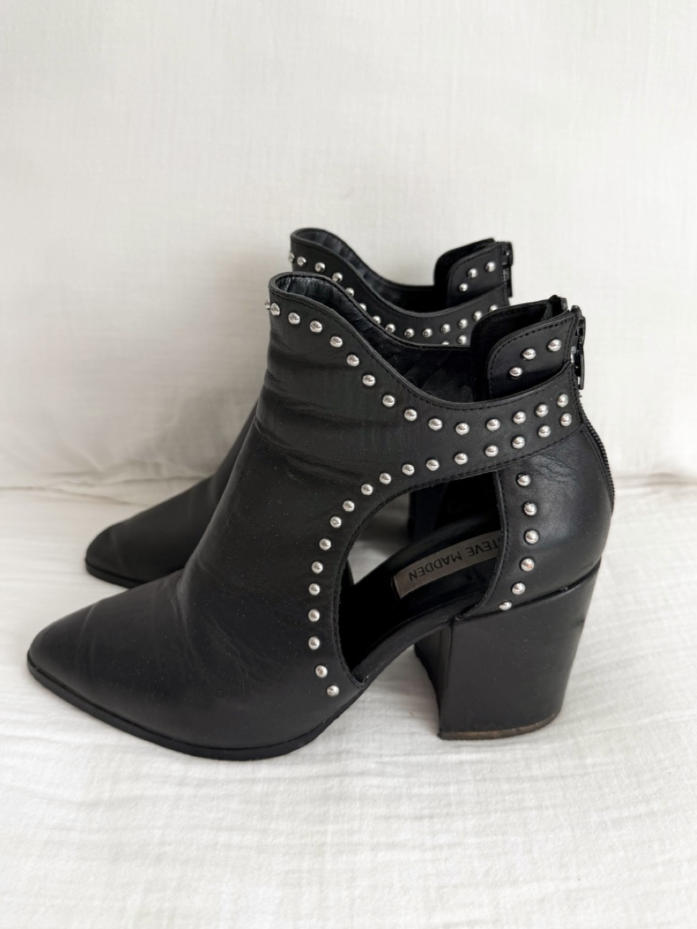 Y2K Black Leather Studded Cutout Block Heel Ankle Booties